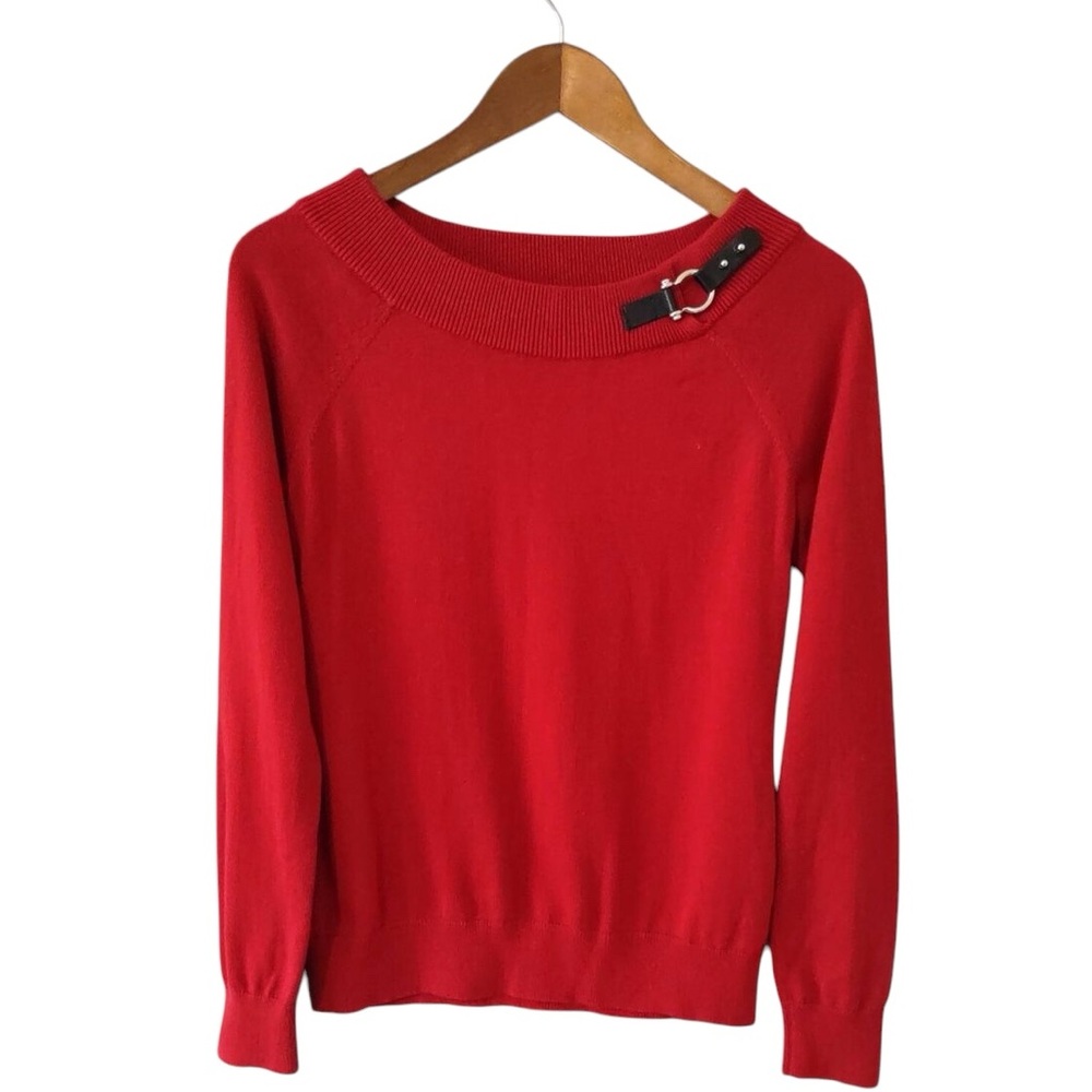Ralph Lauren Red Cotton Boat Neck Sweater with Horsebit Leather Strap Size XL